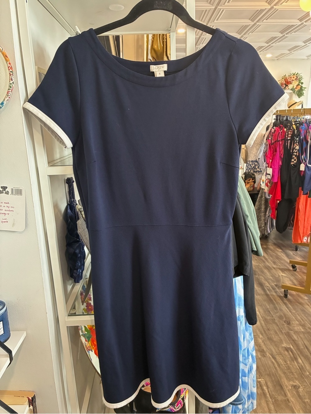 J. Crew Navy Ponte Short-Sleeve Mini Dress with White Trim